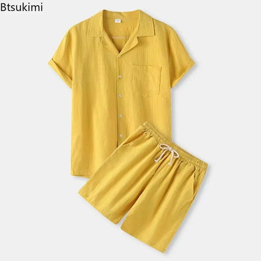 Cool Summer Comfortable Shirt Sets Men's Solid Short-sleeved Button Shirt and Shorts Casual Suit Men Cotton Linen Two Piece Sets