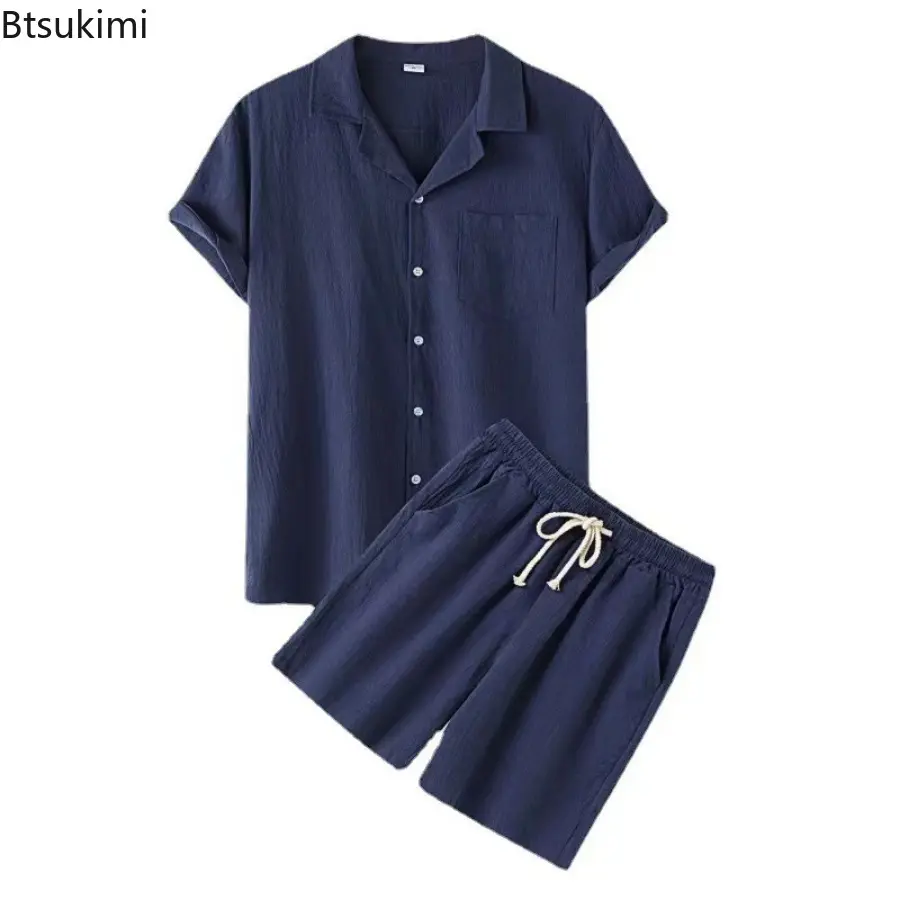 Cool Summer Comfortable Shirt Sets Men's Solid Short-sleeved Button Shirt and Shorts Casual Suit Men Cotton Linen Two Piece Sets