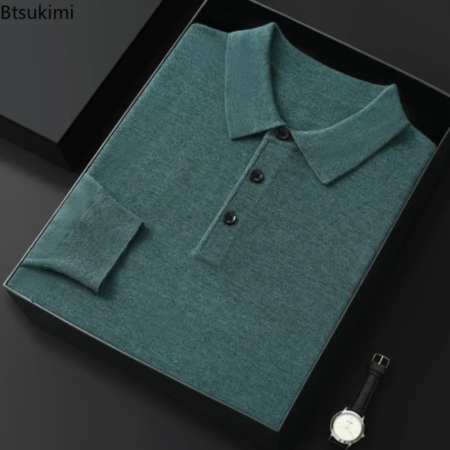 2025 Men's New Spring Autumn POLO Shirt Sweater Loose Knitted Pullover Solid Sweater Fall Winter Casual Business Office Jacket
