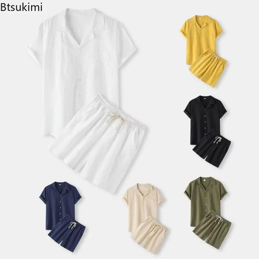 Cool Summer Comfortable Shirt Sets Men's Solid Short-sleeved Button Shirt and Shorts Casual Suit Men Cotton Linen Two Piece Sets