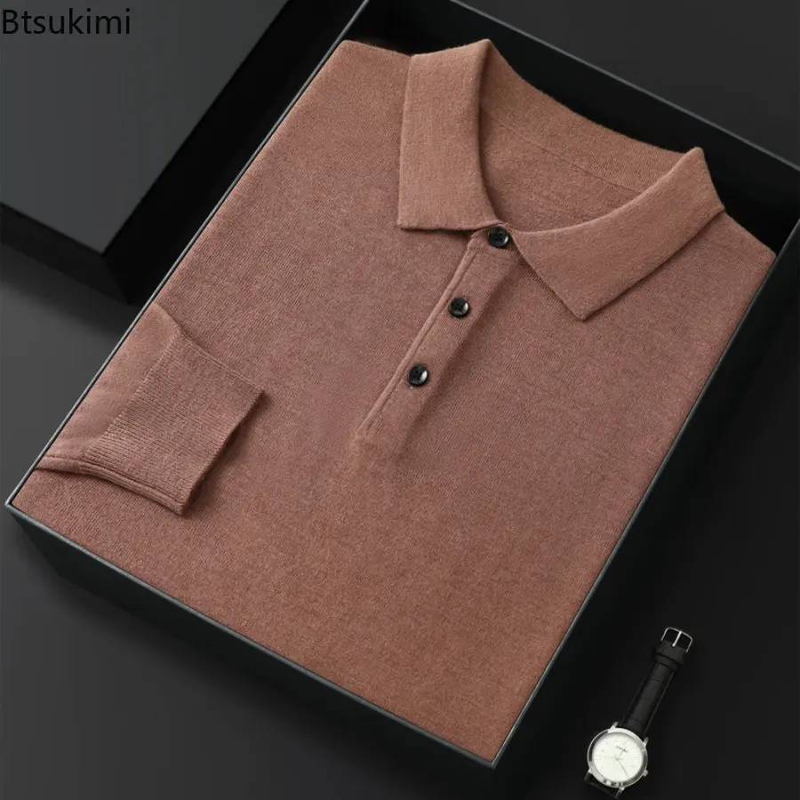 2025 Men's New Spring Autumn POLO Shirt Sweater Loose Knitted Pullover Solid Sweater Fall Winter Casual Business Office Jacket