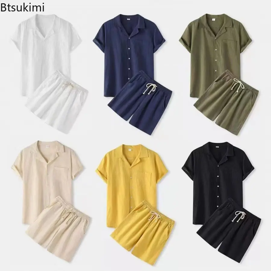 Cool Summer Comfortable Shirt Sets Men's Solid Short-sleeved Button Shirt and Shorts Casual Suit Men Cotton Linen Two Piece Sets