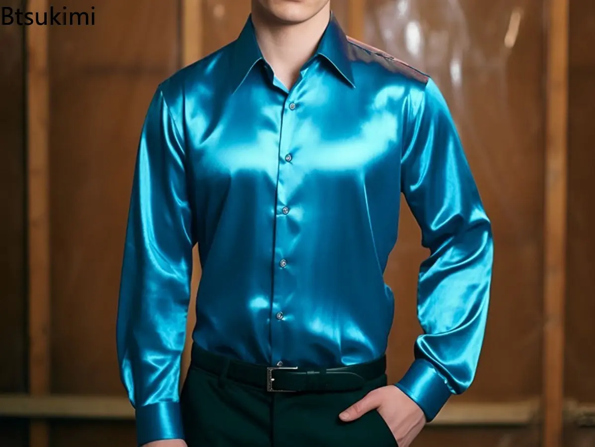 2025 Fashion Sexy Satin Long-sleeved Shirts for Men Solid Slim Fit Nightclub Costume Handsome Tops Male Casual Social Blouses