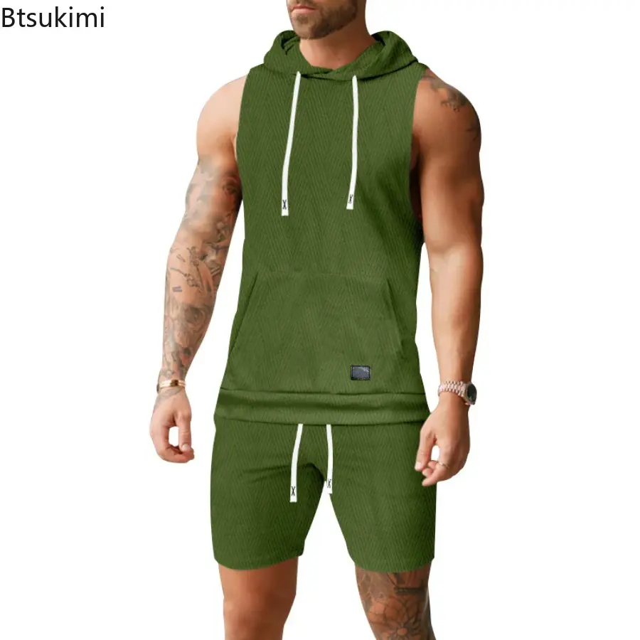 2025 Men's Casual 2 Piece Set Fashion Jacquard Knitted T-shirt Hooded Sleeveless Vest Elastic Waist Shorts Jogging Fitness Suit