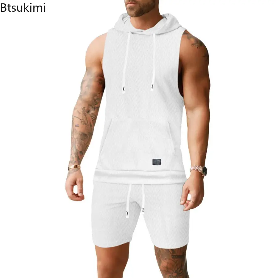 2025 Men's Casual 2 Piece Set Fashion Jacquard Knitted T-shirt Hooded Sleeveless Vest Elastic Waist Shorts Jogging Fitness Suit