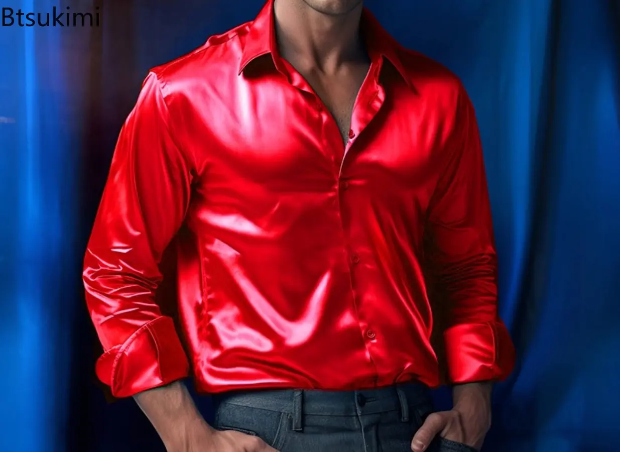 2025 Fashion Sexy Satin Long-sleeved Shirts for Men Solid Slim Fit Nightclub Costume Handsome Tops Male Casual Social Blouses