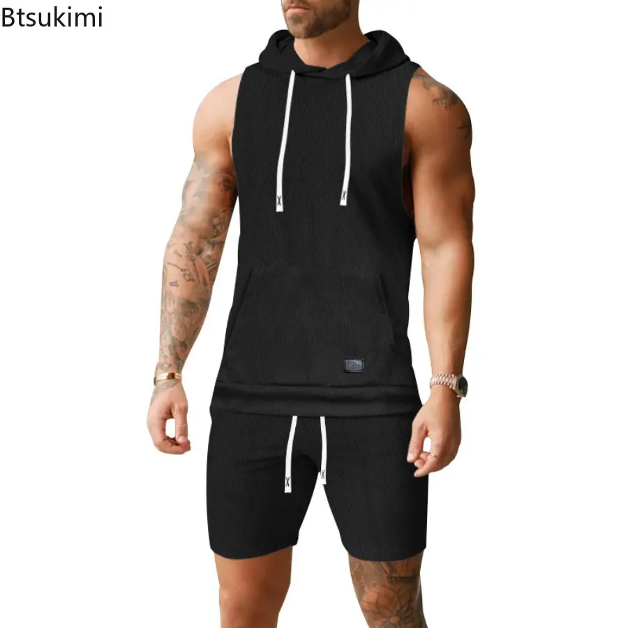 2025 Men's Casual 2 Piece Set Fashion Jacquard Knitted T-shirt Hooded Sleeveless Vest Elastic Waist Shorts Jogging Fitness Suit
