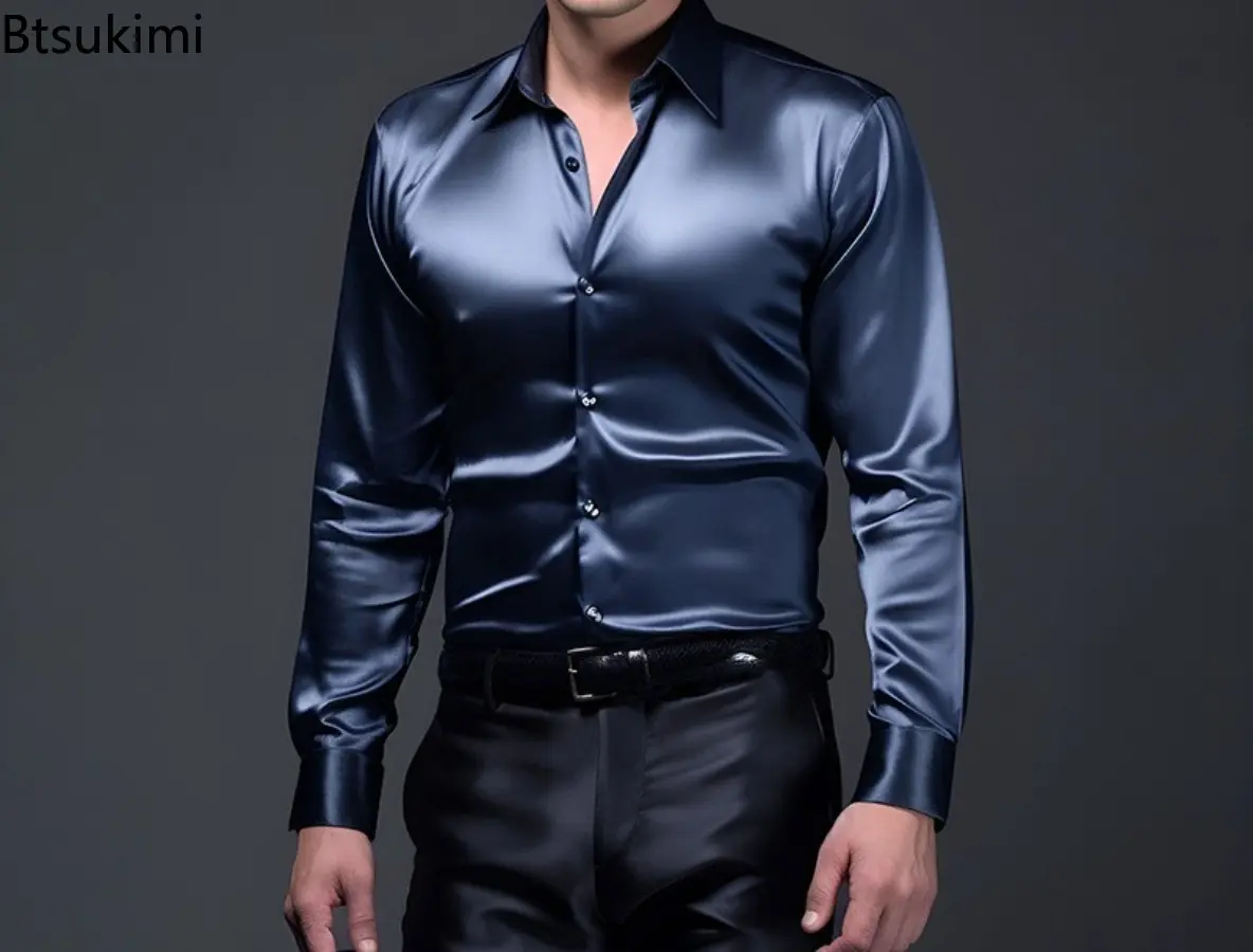 2025 Fashion Sexy Satin Long-sleeved Shirts for Men Solid Slim Fit Nightclub Costume Handsome Tops Male Casual Social Blouses