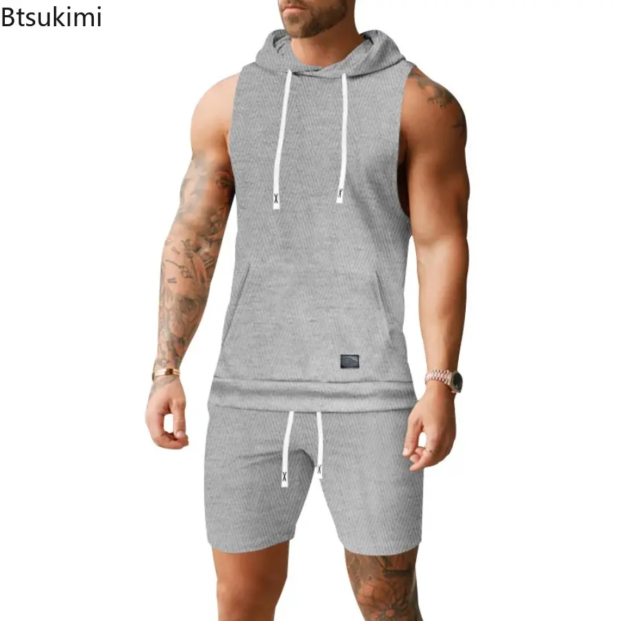2025 Men's Casual 2 Piece Set Fashion Jacquard Knitted T-shirt Hooded Sleeveless Vest Elastic Waist Shorts Jogging Fitness Suit