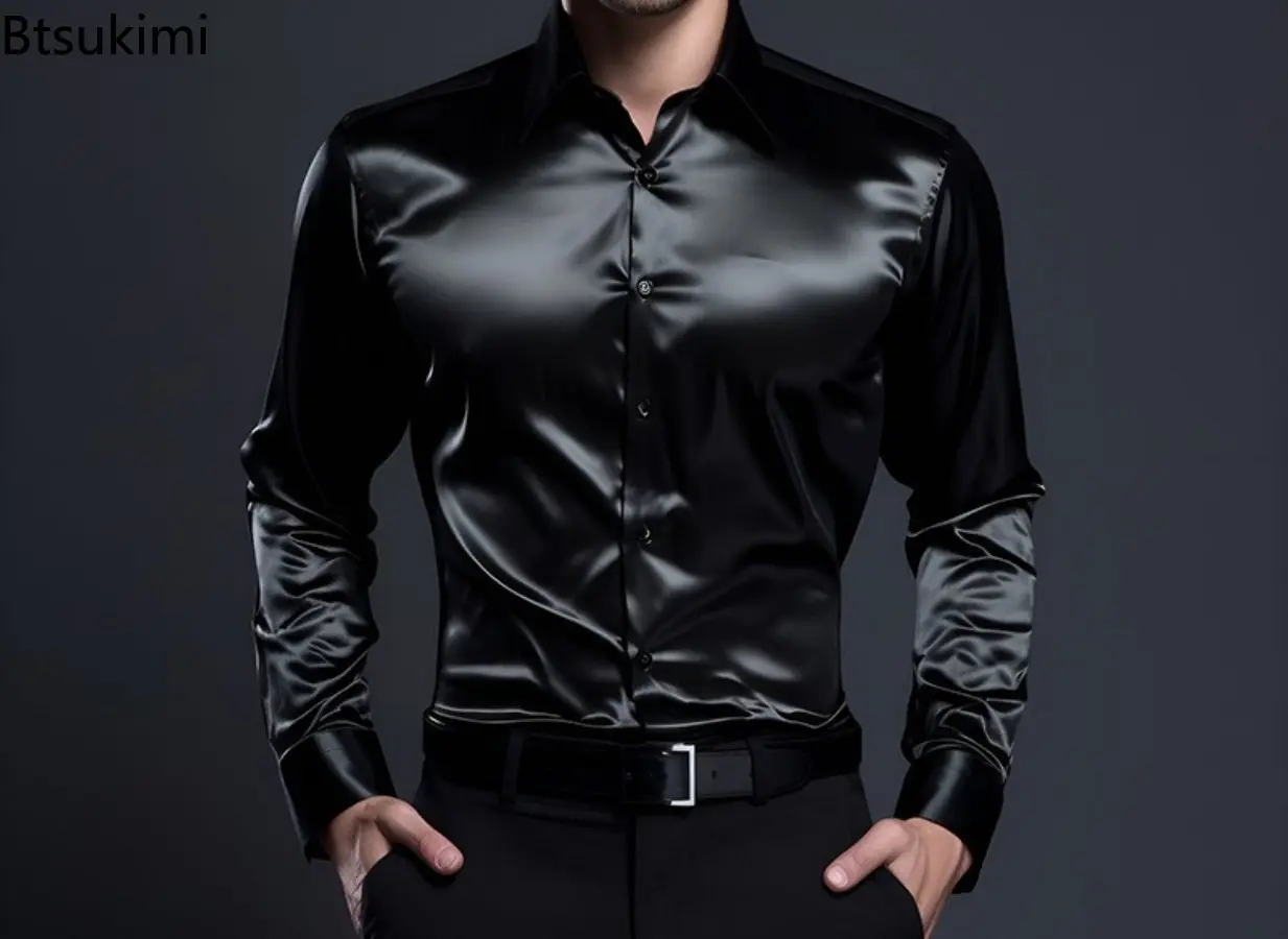 2025 Fashion Sexy Satin Long-sleeved Shirts for Men Solid Slim Fit Nightclub Costume Handsome Tops Male Casual Social Blouses