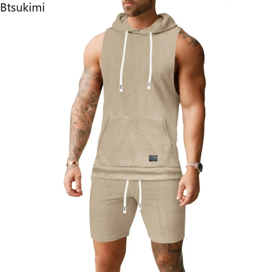 2025 Men's Casual 2 Piece Set Fashion Jacquard Knitted T-shirt Hooded Sleeveless Vest Elastic Waist Shorts Jogging Fitness Suit
