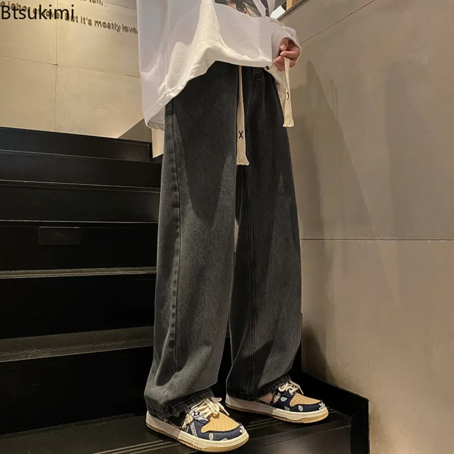 New 2025 Spring and Autumn Men's Washed Blue Denim Jeans Casual Loose Straight Leg Trousers for Men Slimming Wide Leg Pants Male