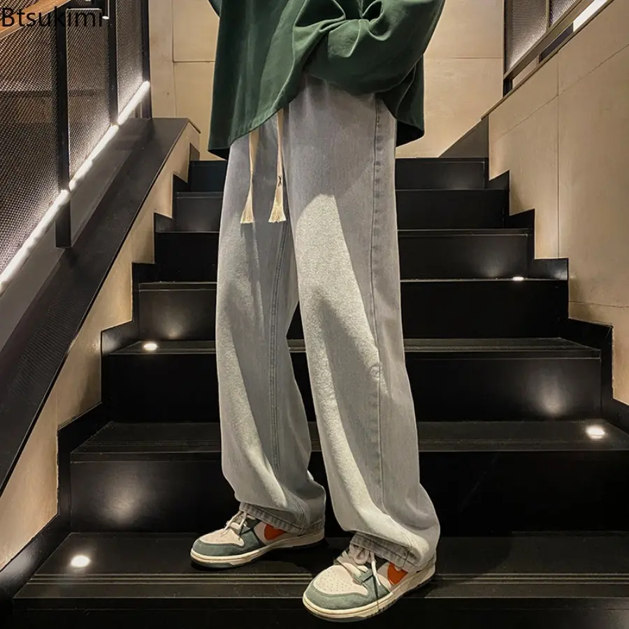 New 2025 Spring and Autumn Men's Washed Blue Denim Jeans Casual Loose Straight Leg Trousers for Men Slimming Wide Leg Pants Male