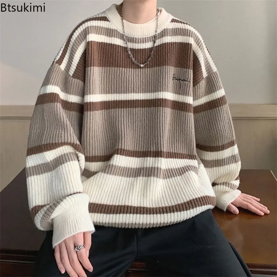 2025 New Autumn Winter Stripe Pullover Hong Kong Style Sweater Casual Round Neck Loose Contrast Color Knitted Men Sweater Coats