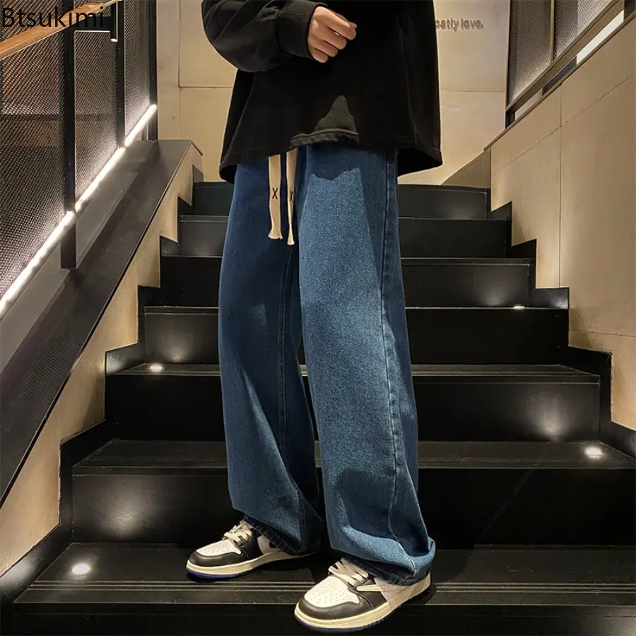 New 2025 Spring and Autumn Men's Washed Blue Denim Jeans Casual Loose Straight Leg Trousers for Men Slimming Wide Leg Pants Male