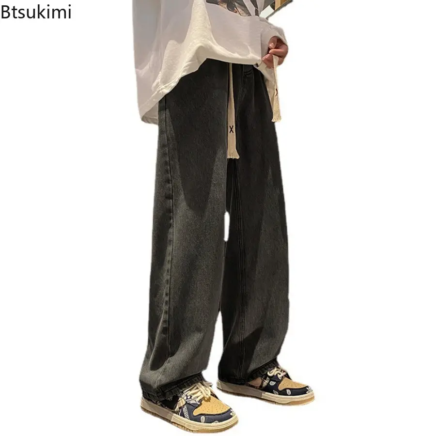 New 2025 Spring and Autumn Men's Washed Blue Denim Jeans Casual Loose Straight Leg Trousers for Men Slimming Wide Leg Pants Male