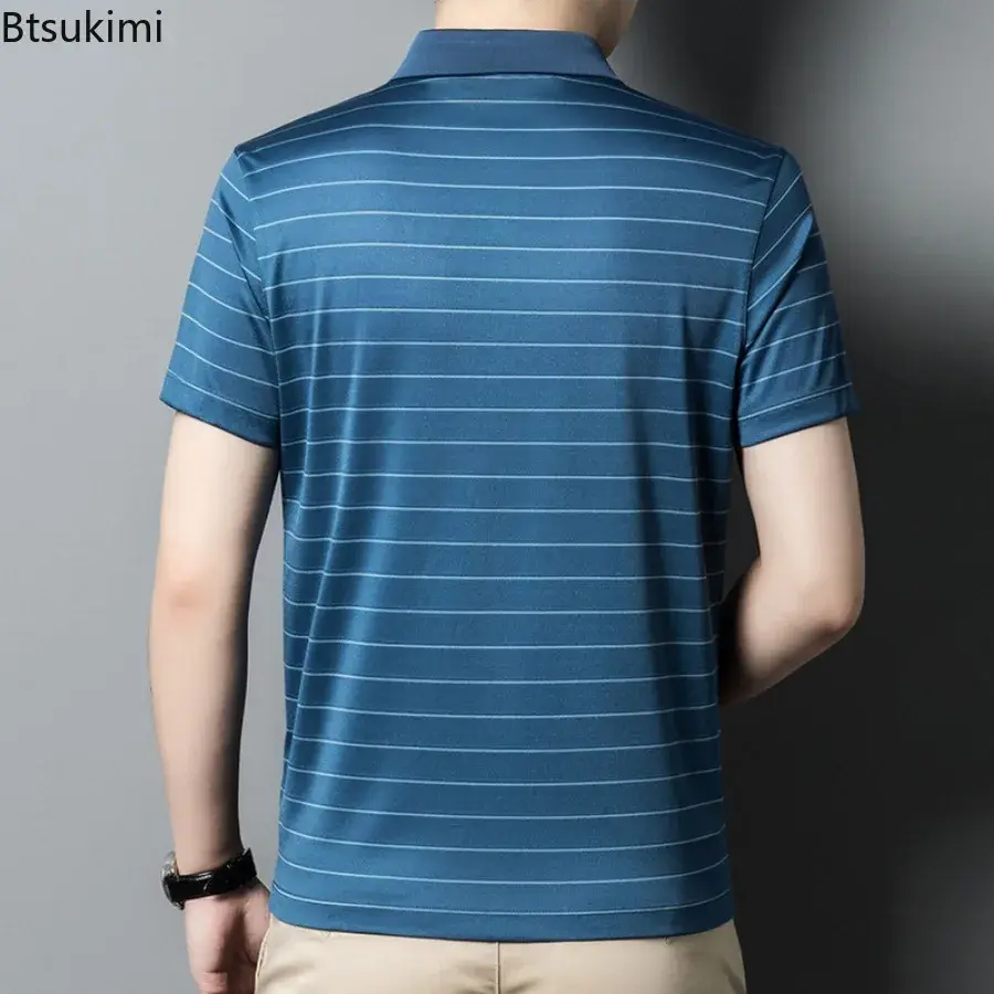 2025 High-end Mulberry Silk Polo Shirt Men's Trend Short Sleeve Striped Business Casual T-shirt Summer Cool Breathable Tops Male
