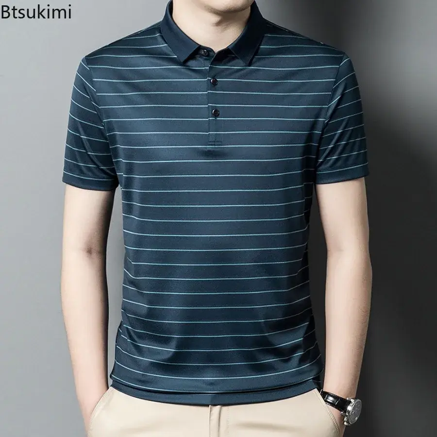 2025 High-end Mulberry Silk Polo Shirt Men's Trend Short Sleeve Striped Business Casual T-shirt Summer Cool Breathable Tops Male