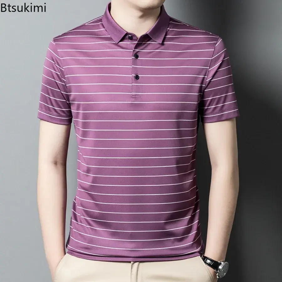 2025 High-end Mulberry Silk Polo Shirt Men's Trend Short Sleeve Striped Business Casual T-shirt Summer Cool Breathable Tops Male