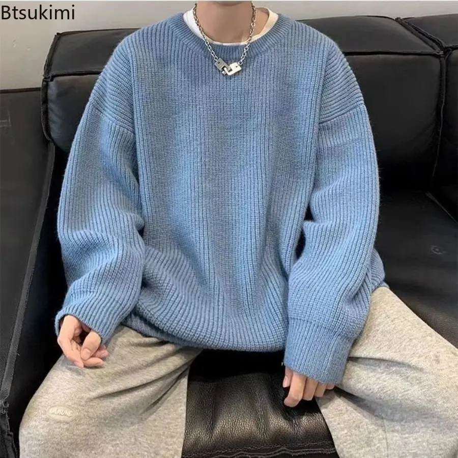 New Pullovers Knitted O Neck Sweaters Men Long Sleeve Solid Jumpers High Street Loose Slight Strech 2025 Standard Wool Winter