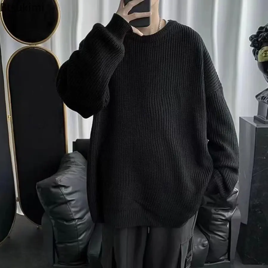 New Pullovers Knitted O Neck Sweaters Men Long Sleeve Solid Jumpers High Street Loose Slight Strech 2025 Standard Wool Winter