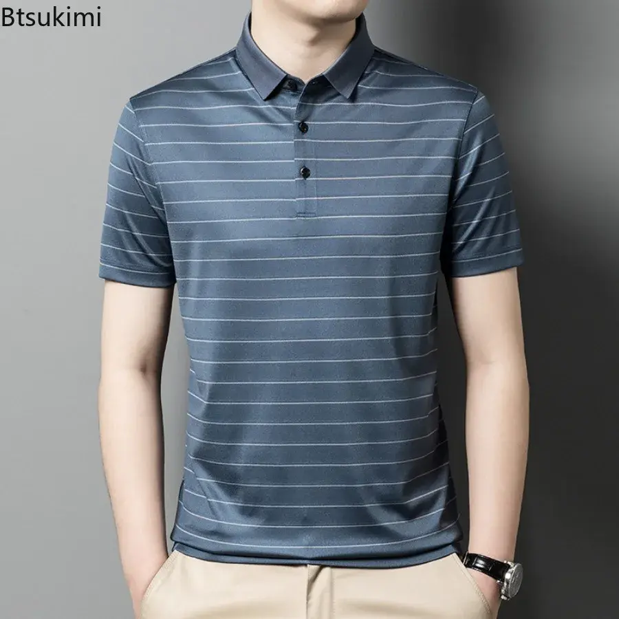 2025 High-end Mulberry Silk Polo Shirt Men's Trend Short Sleeve Striped Business Casual T-shirt Summer Cool Breathable Tops Male