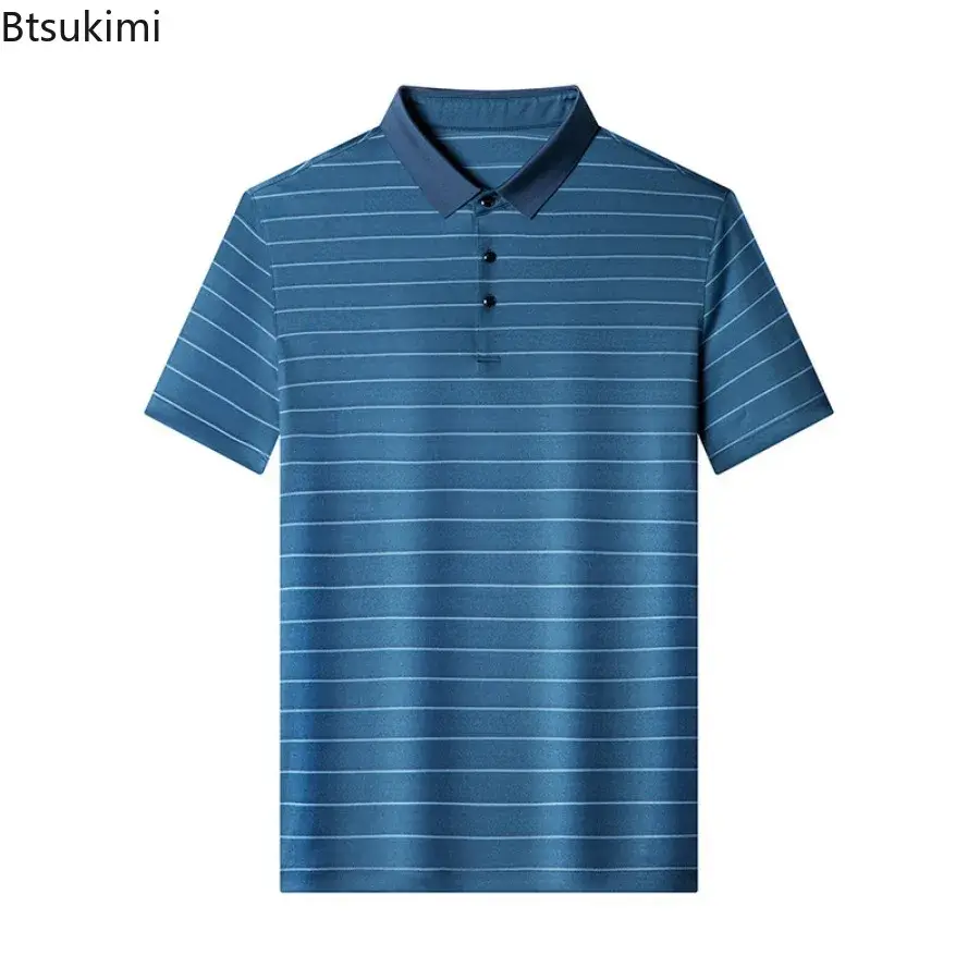 2025 High-end Mulberry Silk Polo Shirt Men's Trend Short Sleeve Striped Business Casual T-shirt Summer Cool Breathable Tops Male