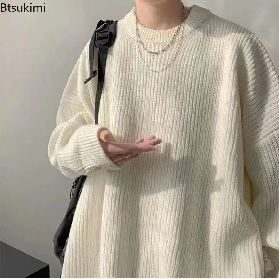 New Pullovers Knitted O Neck Sweaters Men Long Sleeve Solid Jumpers High Street Loose Slight Strech 2025 Standard Wool Winter