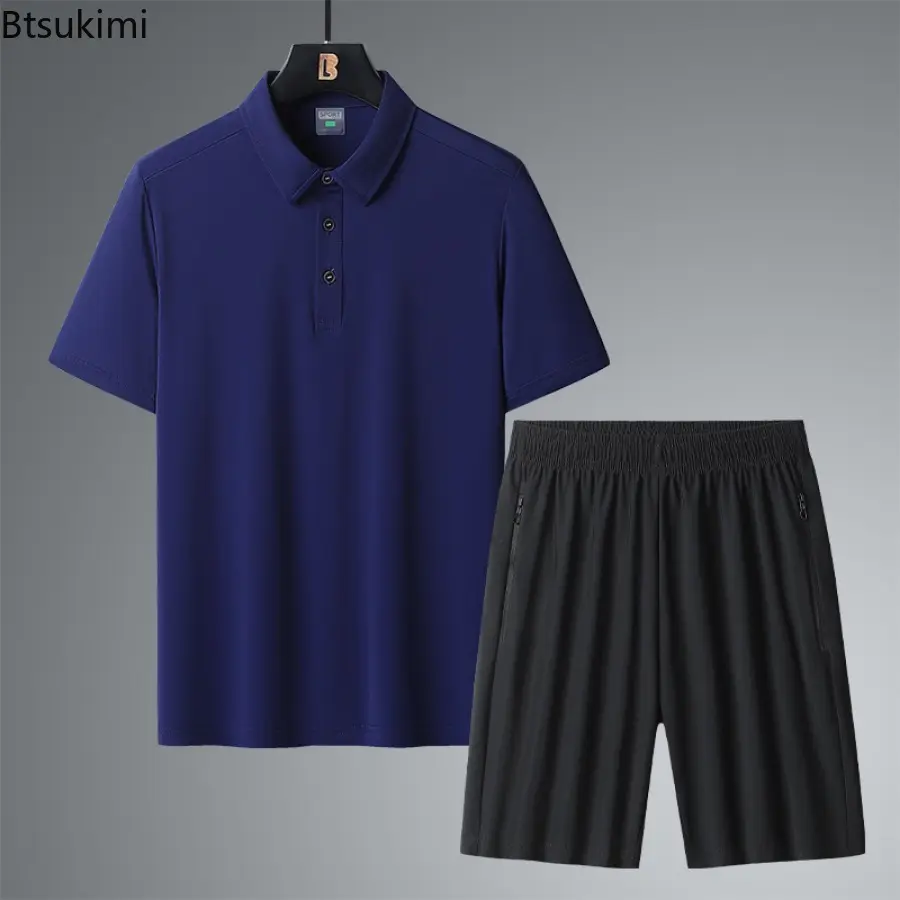 Summer New High-quality Ice Silk Men's Short Sleeve Two-pieces Ultra-thin Breathable Outdoor Casual Sports Polo Shirt and Shorts