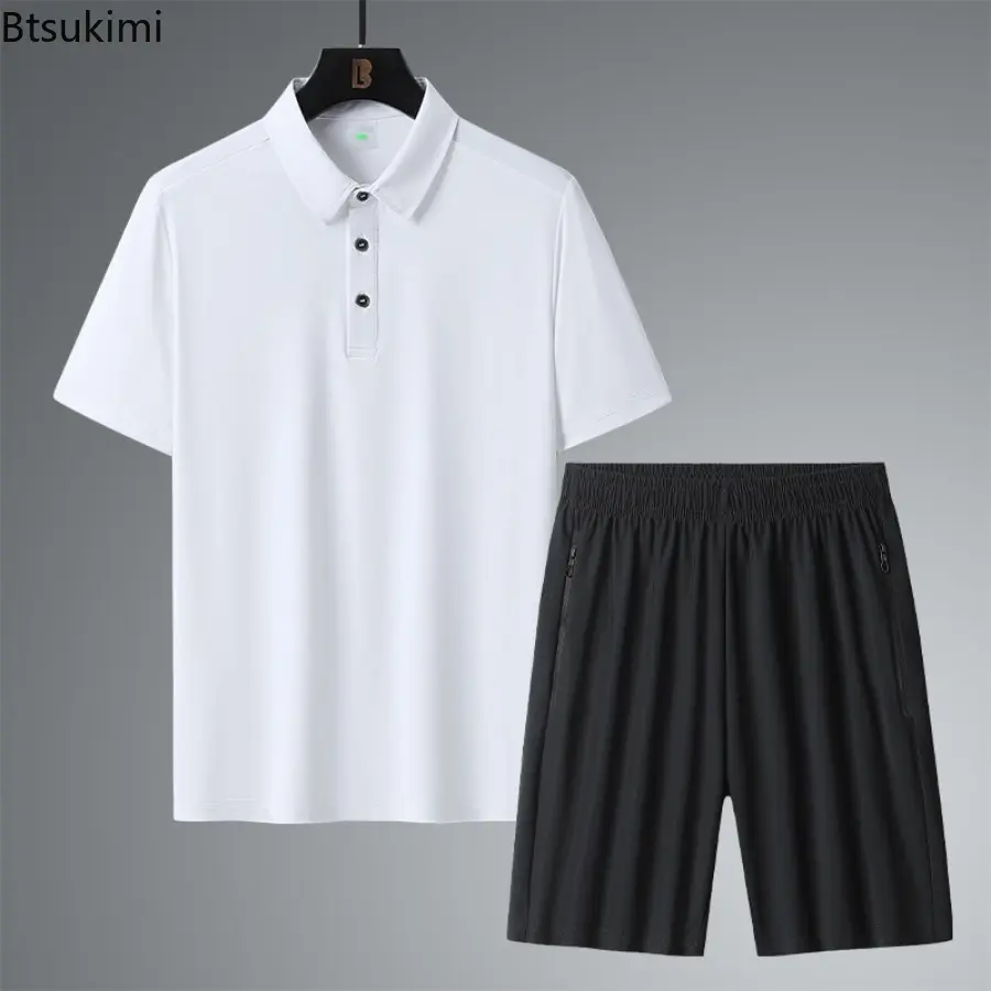 Summer New High-quality Ice Silk Men's Short Sleeve Two-pieces Ultra-thin Breathable Outdoor Casual Sports Polo Shirt and Shorts