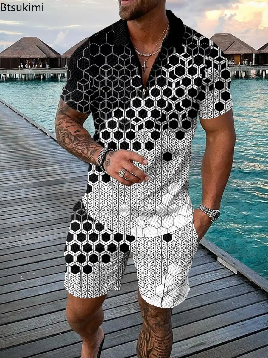 2025 Summer New Men's Shorts Sets Trend 3D Printed Short Sleeve Half Zip Polo Shirt Casual Two Pieces Streetwear Men Tracksuits