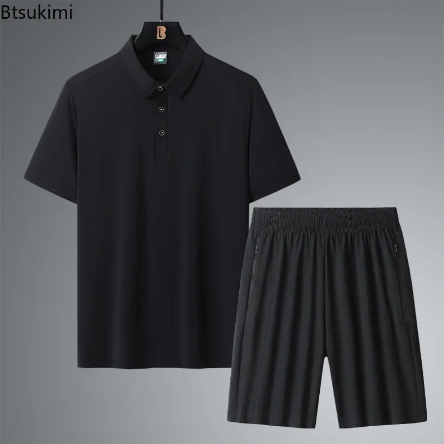 Summer New High-quality Ice Silk Men's Short Sleeve Two-pieces Ultra-thin Breathable Outdoor Casual Sports Polo Shirt and Shorts
