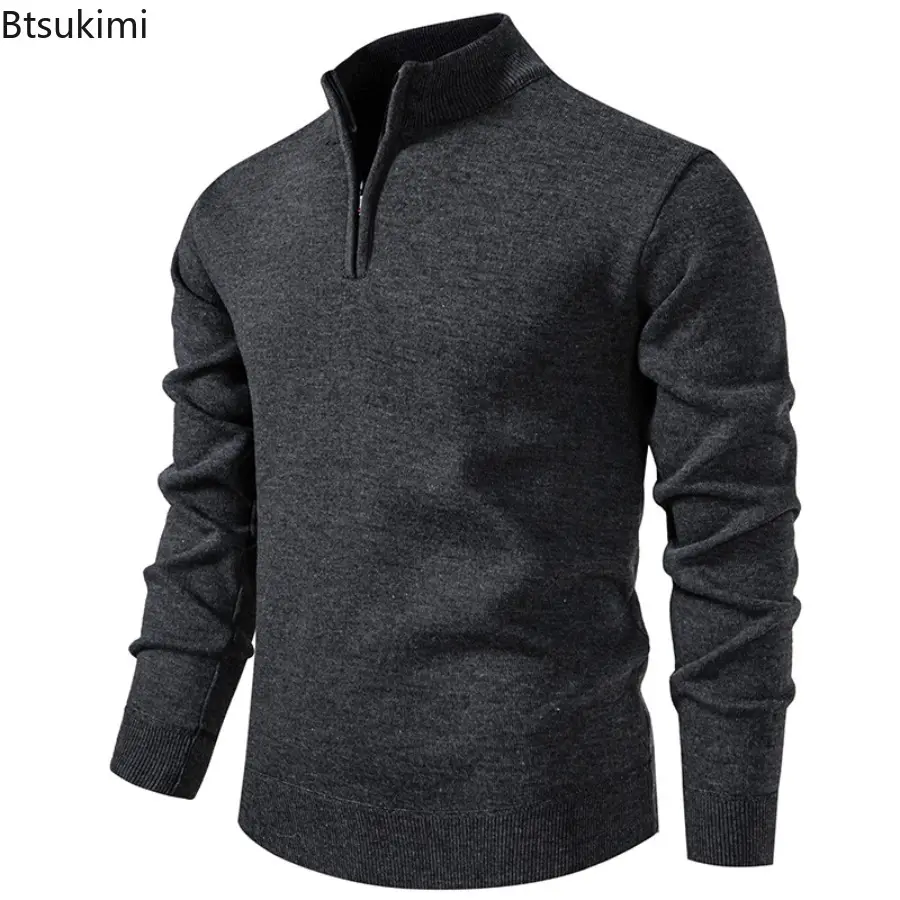 Autumn Winter Men's Half Zipper Knitted Sweater Solid Slin Fit Casual Sweater Male Fleece Warm Stand Collar Pullover Sweaters