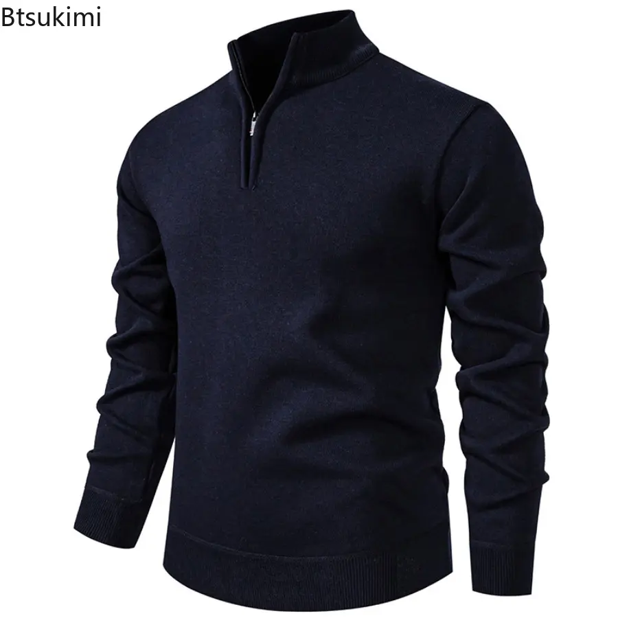 Autumn Winter Men's Half Zipper Knitted Sweater Solid Slin Fit Casual Sweater Male Fleece Warm Stand Collar Pullover Sweaters