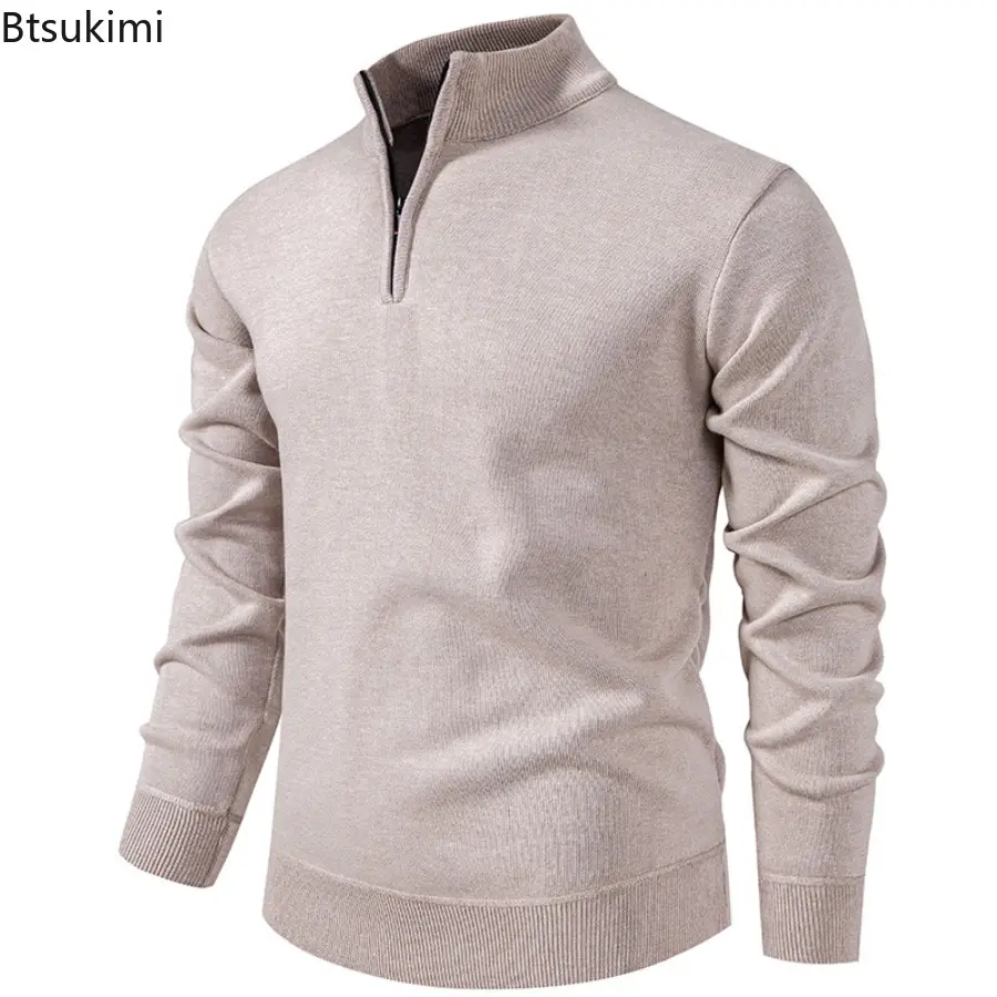 Autumn Winter Men's Half Zipper Knitted Sweater Solid Slin Fit Casual Sweater Male Fleece Warm Stand Collar Pullover Sweaters