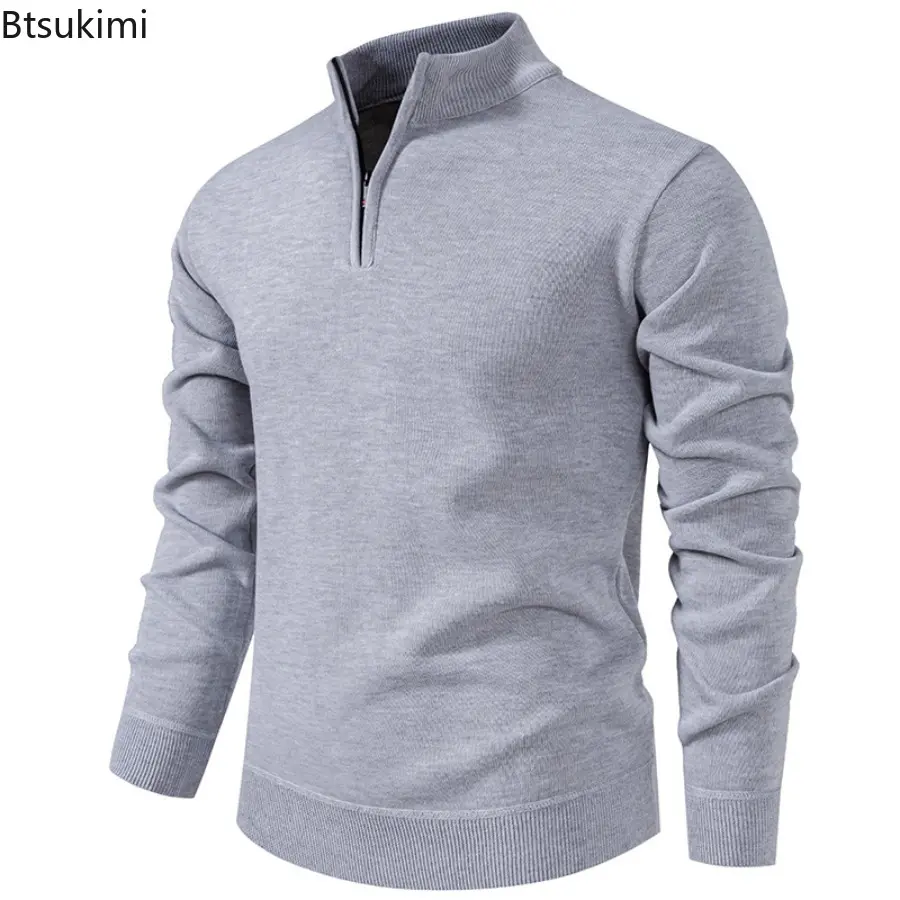 Autumn Winter Men's Half Zipper Knitted Sweater Solid Slin Fit Casual Sweater Male Fleece Warm Stand Collar Pullover Sweaters