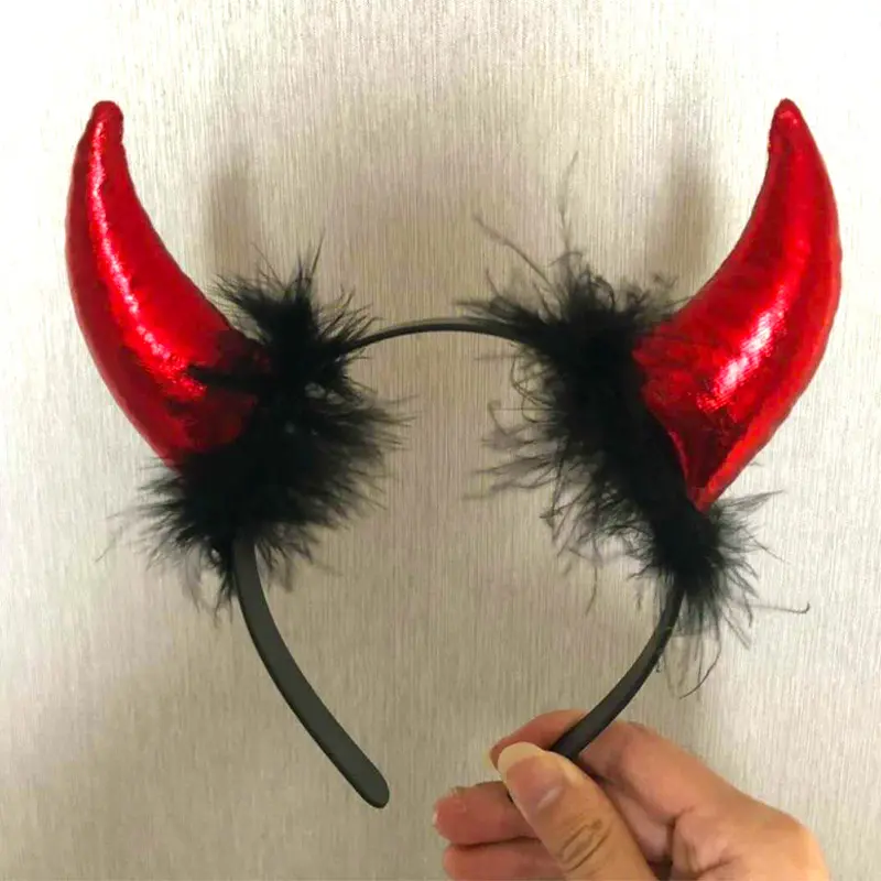 Funny Devil Ears Headband Glitter Plush Cow Horn Hairband Cosplay Halloween Party Adults Children  Cosplay Decoration Hair Hoop