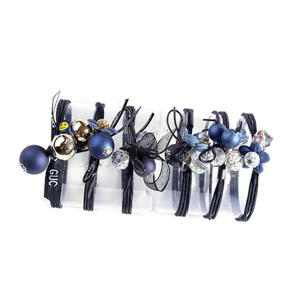 6Pcs/Set  Flower Ball Crystal Ribbon Hair Bands Ring Women Girl Elegant Elastic  Ponytail Holders Scrunchies Females Hair Ropes