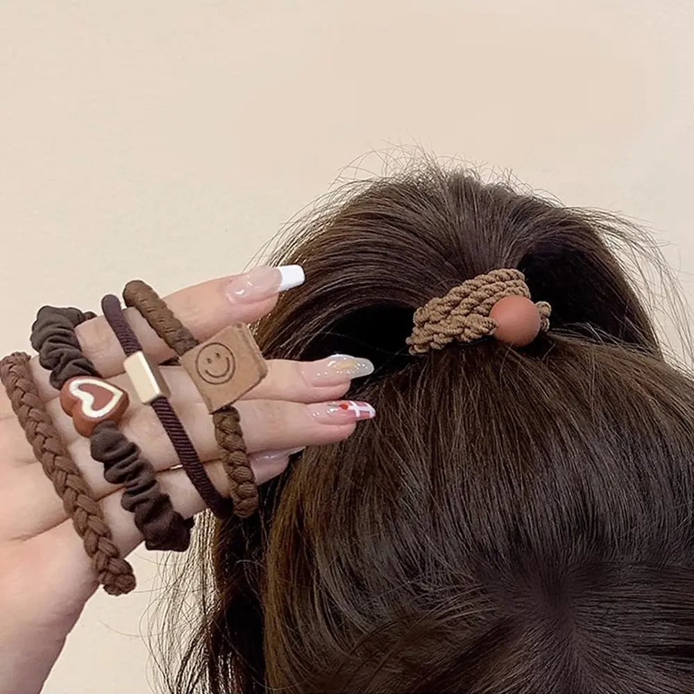 5pcs/Set Simple Heart Ball Charms Hair Ties Braided Hair Loop Rope For Women Girls Ponytail Holder Daily Uses Rubber Band
