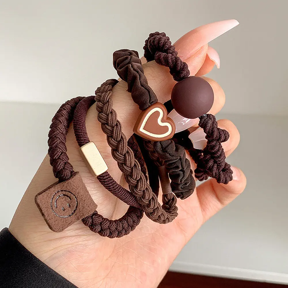 5pcs/Set Simple Heart Ball Charms Hair Ties Braided Hair Loop Rope For Women Girls Ponytail Holder Daily Uses Rubber Band