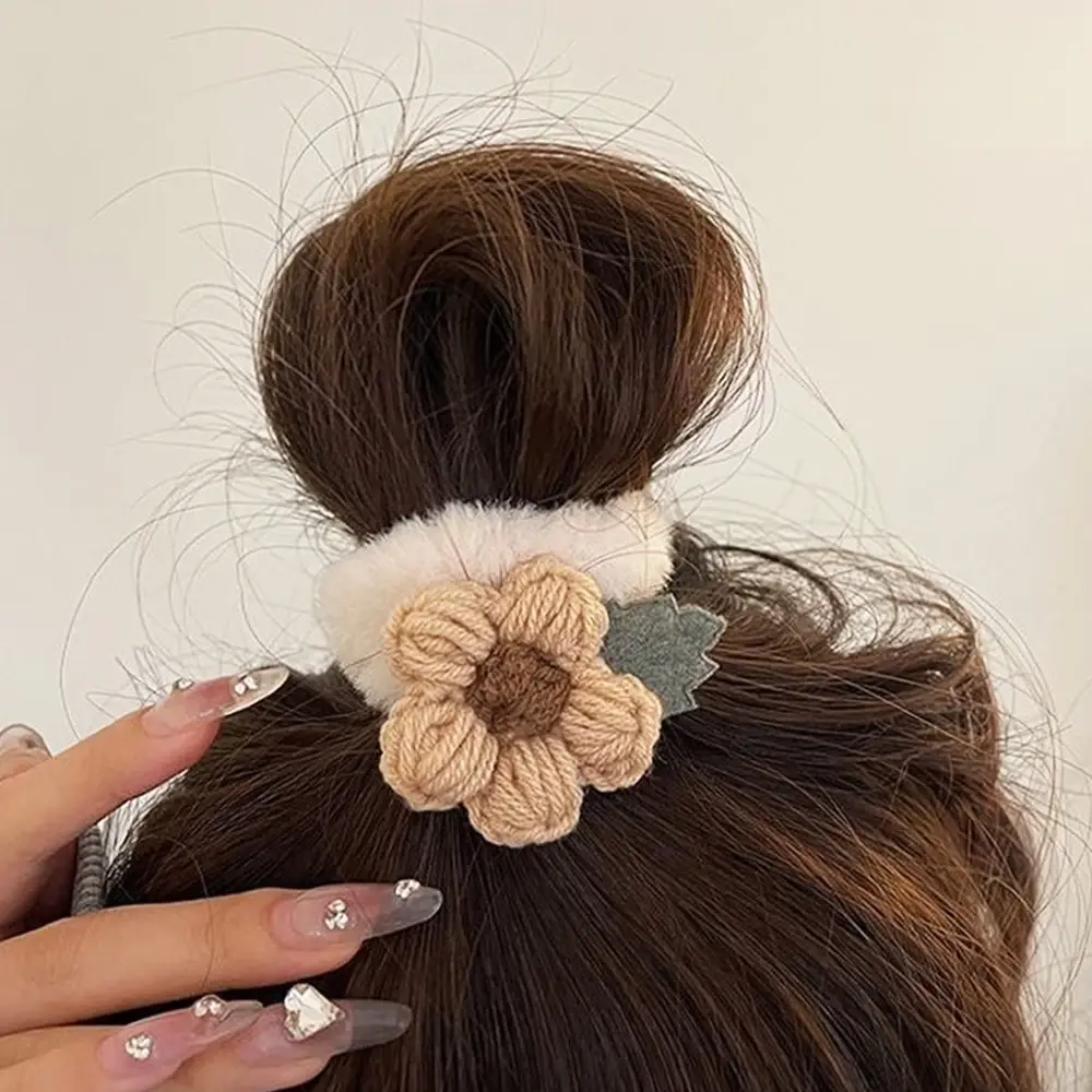 1pcs Knitted Flower Charms Hair Rope Soft Plush Rubber Band Women Girls Elastics No Damage Scrunchies For Ponytail Holders