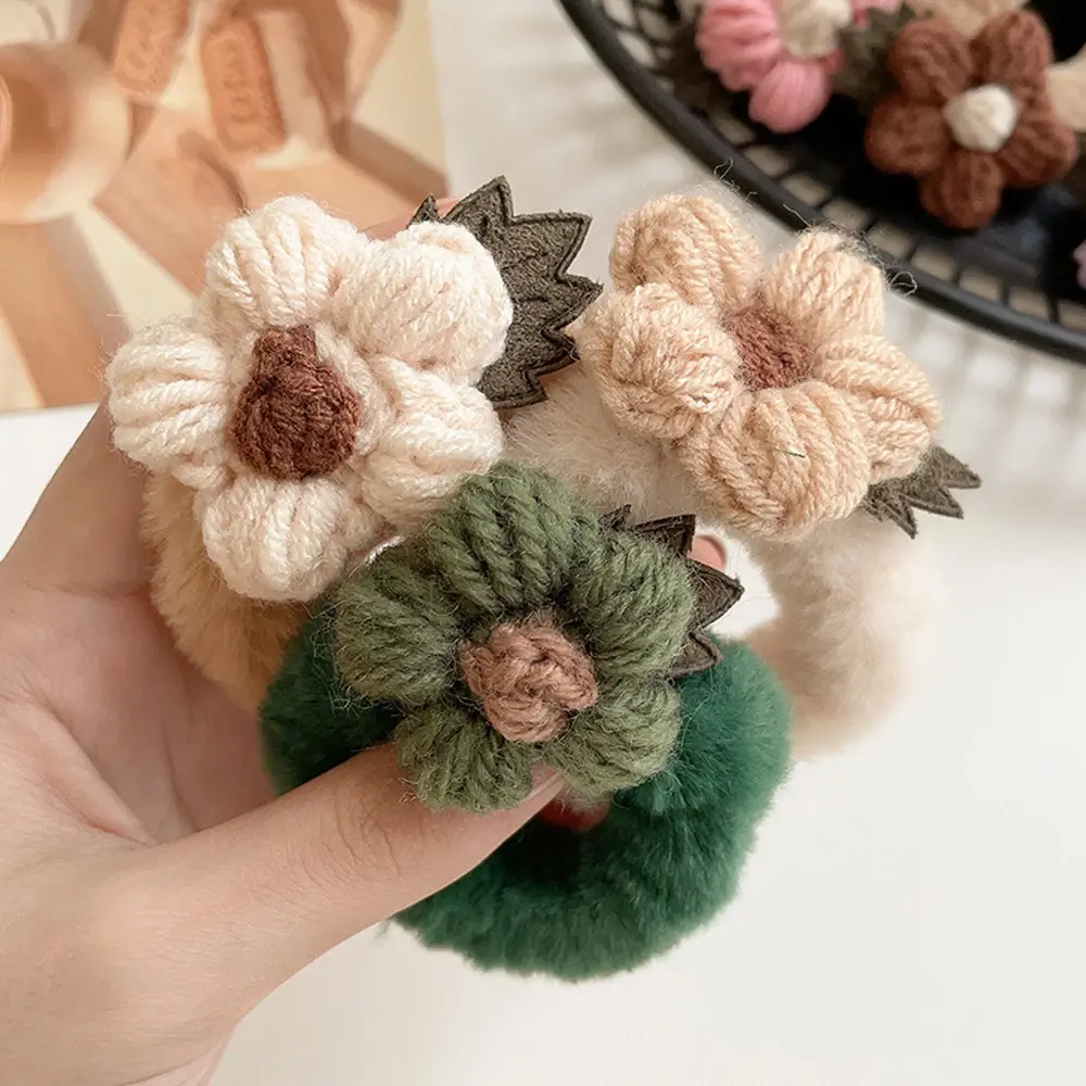 1pcs Knitted Flower Charms Hair Rope Soft Plush Rubber Band Women Girls Elastics No Damage Scrunchies For Ponytail Holders