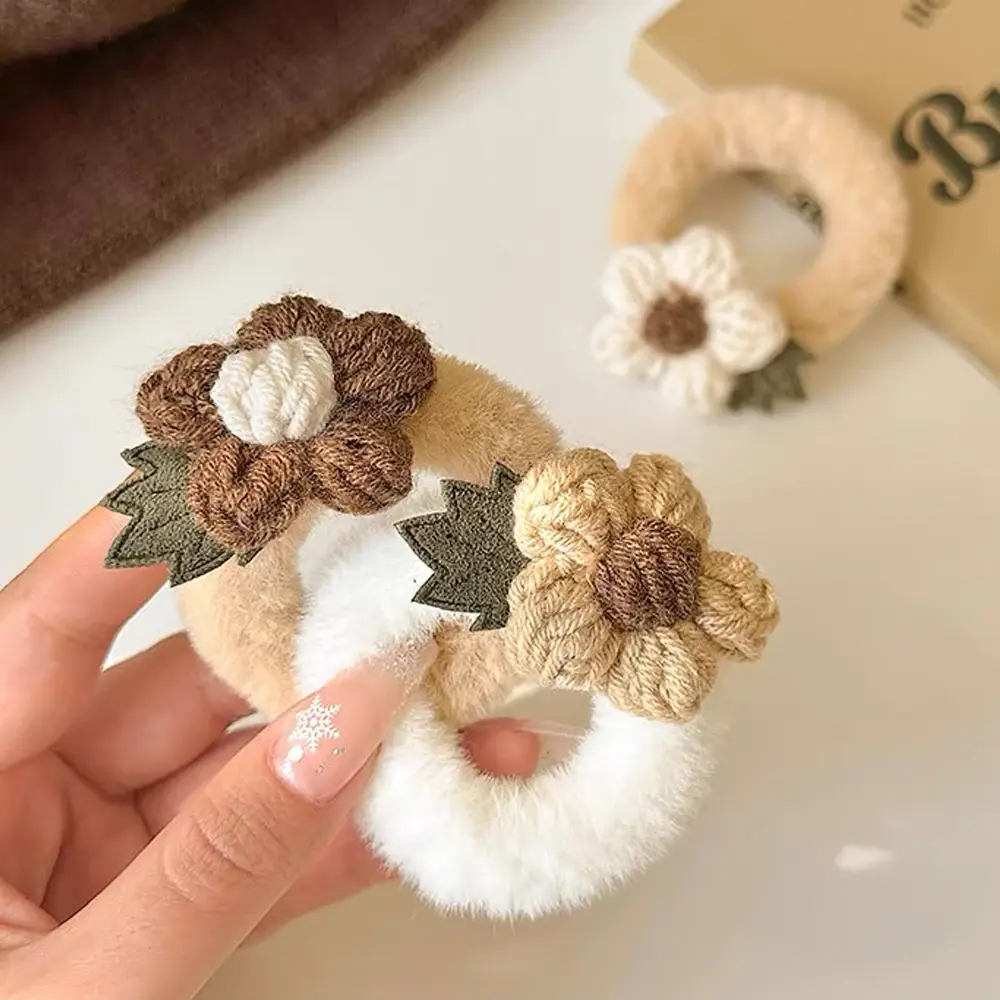 1pcs Knitted Flower Charms Hair Rope Soft Plush Rubber Band Women Girls Elastics No Damage Scrunchies For Ponytail Holders