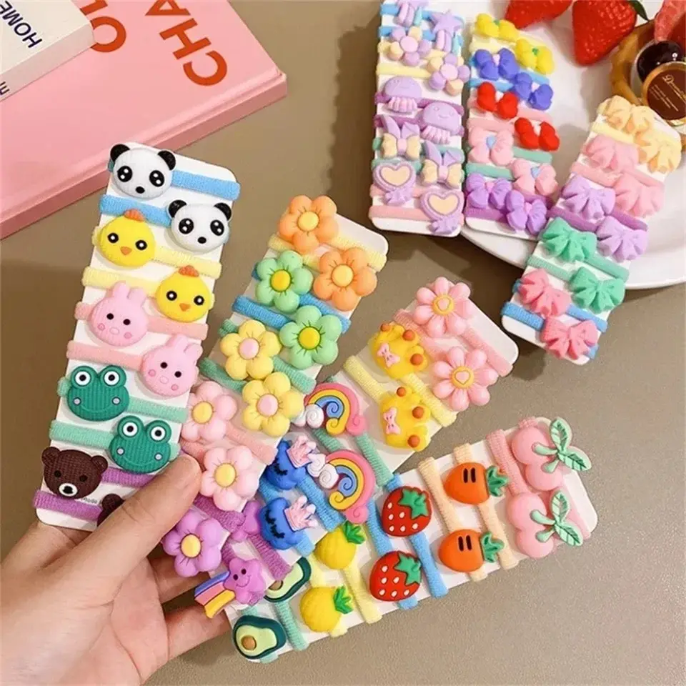 10pcs/Set Lovely Rabbit Panda Charms Hair Ties Cartoon Bowknot Flower Animal Hair Rope Baby Girls Ponytail Holder Rubber Band