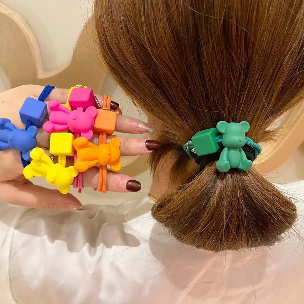 3d Cartoon Bear Hair Rope Elastic Bowknot Rubber Band With Geometric Pendant For Kid Girls Ponytail Holder Children'S Gifts