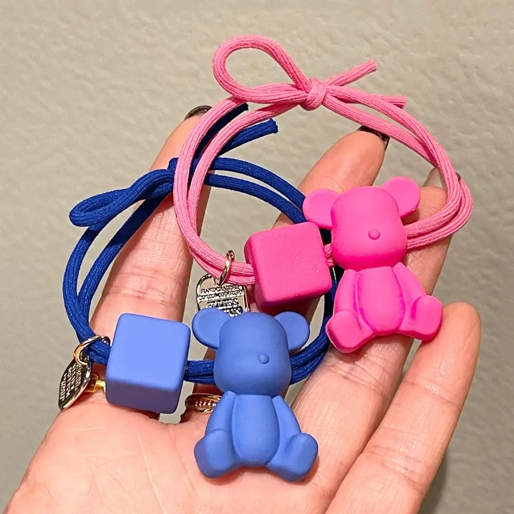 3d Cartoon Bear Hair Rope Elastic Bowknot Rubber Band With Geometric Pendant For Kid Girls Ponytail Holder Children'S Gifts