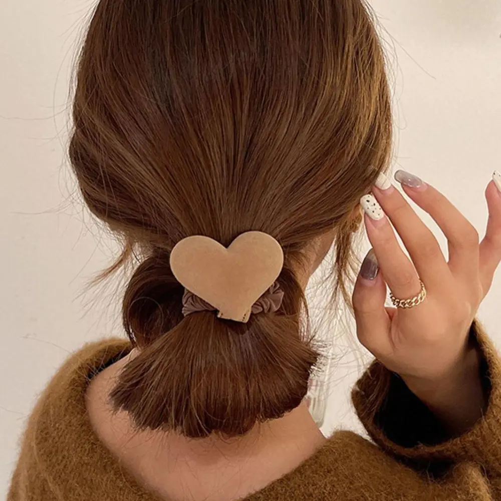 Cute Bowknot Heart Charms Hair Ropes Khaki Coffee Color Velvet Hair Ties Rubber Band Girls Elastic Ponytail Holder Scrunchies