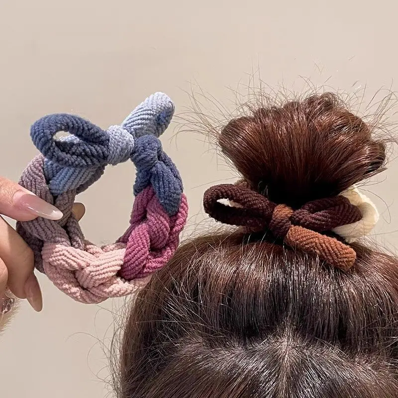New Design Bow Hair Ties Colorful Hand-woven Hair Ropes For Women HIgh Elastic Scrunchies Thickened  Hairband Hair Accessories