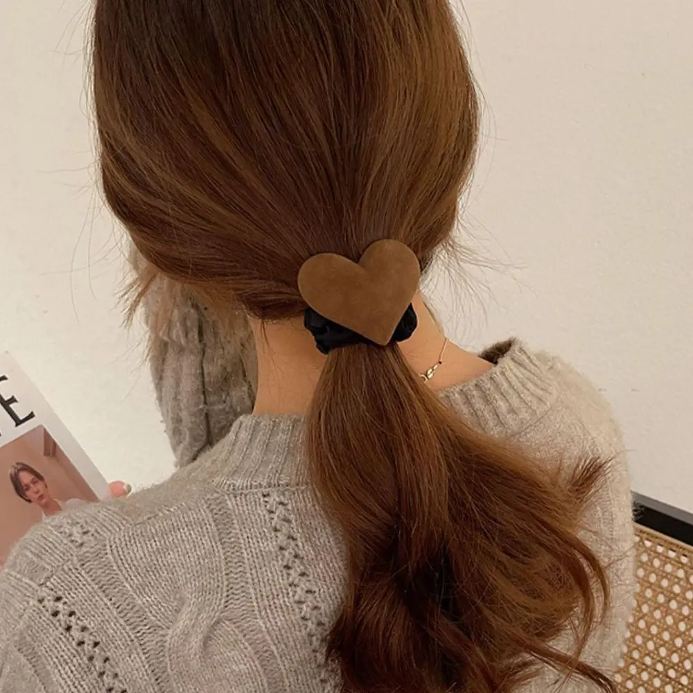 Cute Bowknot Heart Charms Hair Ropes Khaki Coffee Color Velvet Hair Ties Rubber Band Girls Elastic Ponytail Holder Scrunchies