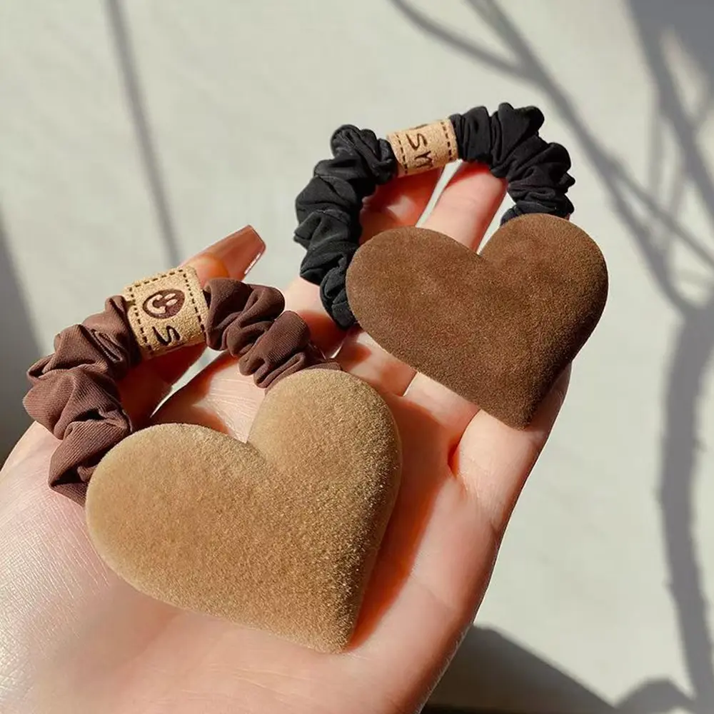 Cute Bowknot Heart Charms Hair Ropes Khaki Coffee Color Velvet Hair Ties Rubber Band Girls Elastic Ponytail Holder Scrunchies